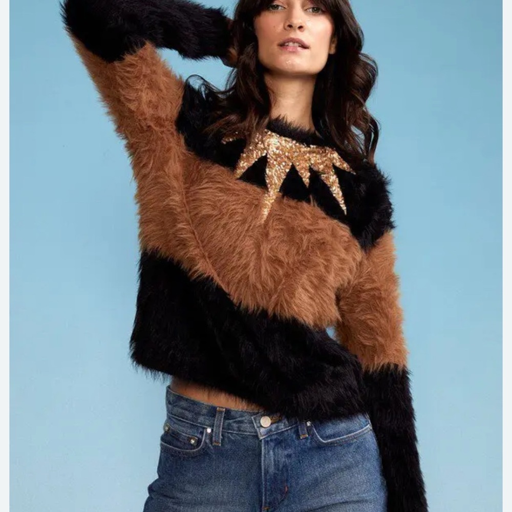 Cynthia Rowley Black and Brown Crew Neck Sweater with Color Blocking